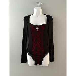 Black Red Lace Bodysuit Women S Cross Pendant Thong Vampire Witchy Goth Sexy